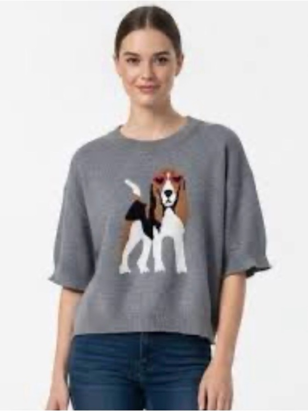 NWT Calligraphie by Anthropologie Graphic Dog Sweater Short Sleeve Boxy 
Sz M